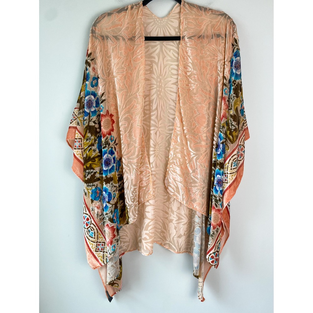 Saachi Anthropologie Womens Velvet Burnout Kimono OS Peach Festival Floral Fairy